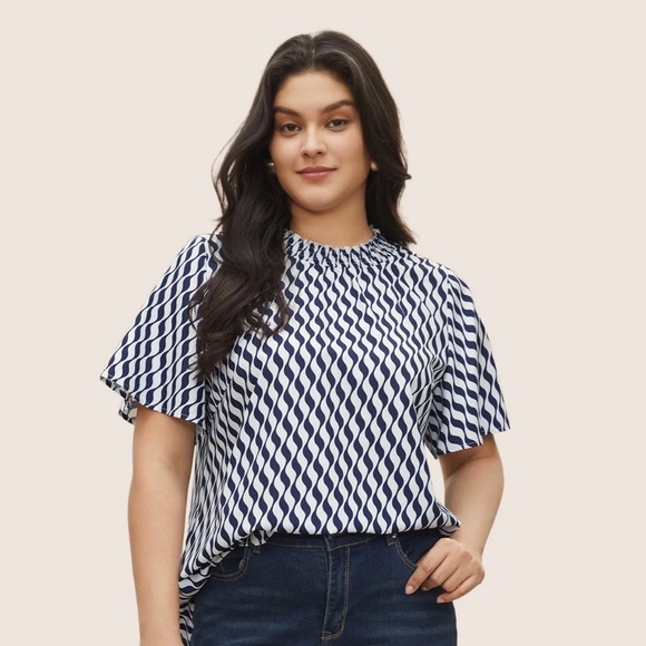 BloomChic Plus Size Geometric Mock Neck Shirred Ruffle Sleeve Blouse - Picture 1 of 10